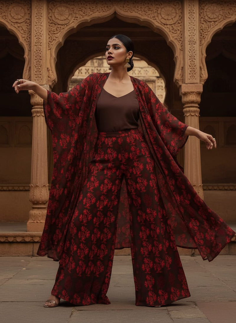 Brown Ethnic Floral Buti Pure Georgette Digital Printed Fabric