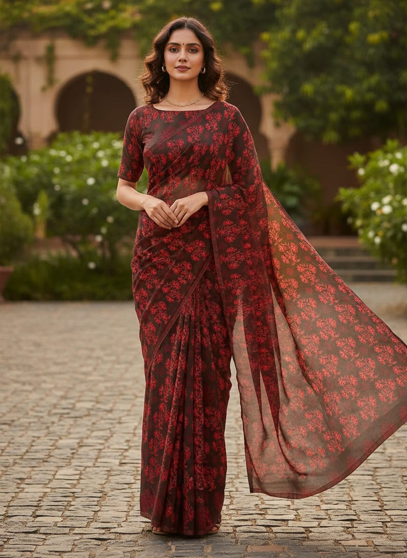 Brown Ethnic Floral Buti Pure Georgette Digital Printed Fabric