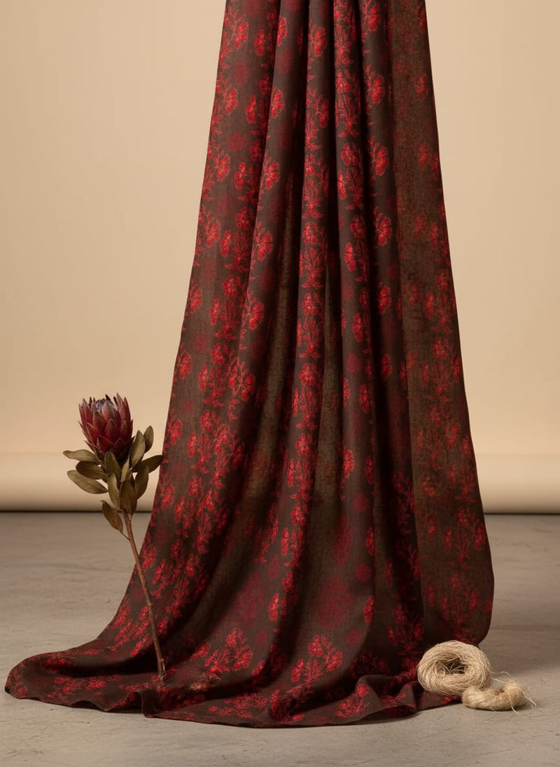 Brown Ethnic Floral Buti Print Tusser Silk Digital Printed Fabric