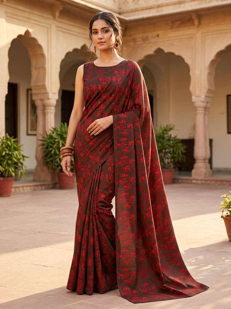 Brown Ethnic Floral Buti Print Tusser Silk Digital Printed Fabric