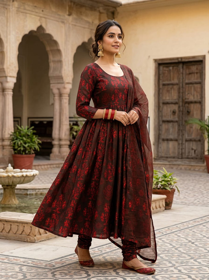 Brown Ethnic Floral Buti Print Tusser Silk Digital Printed Fabric
