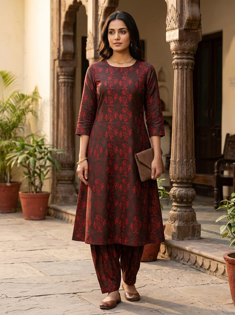 Brown Ethnic Floral Buti Print Tusser Silk Digital Printed Fabric