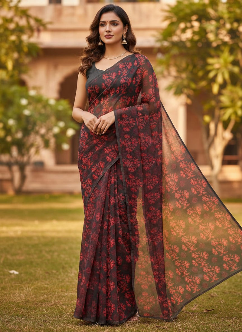 Black Red Ethnic Floral Weightless Digital Printed Fabric
