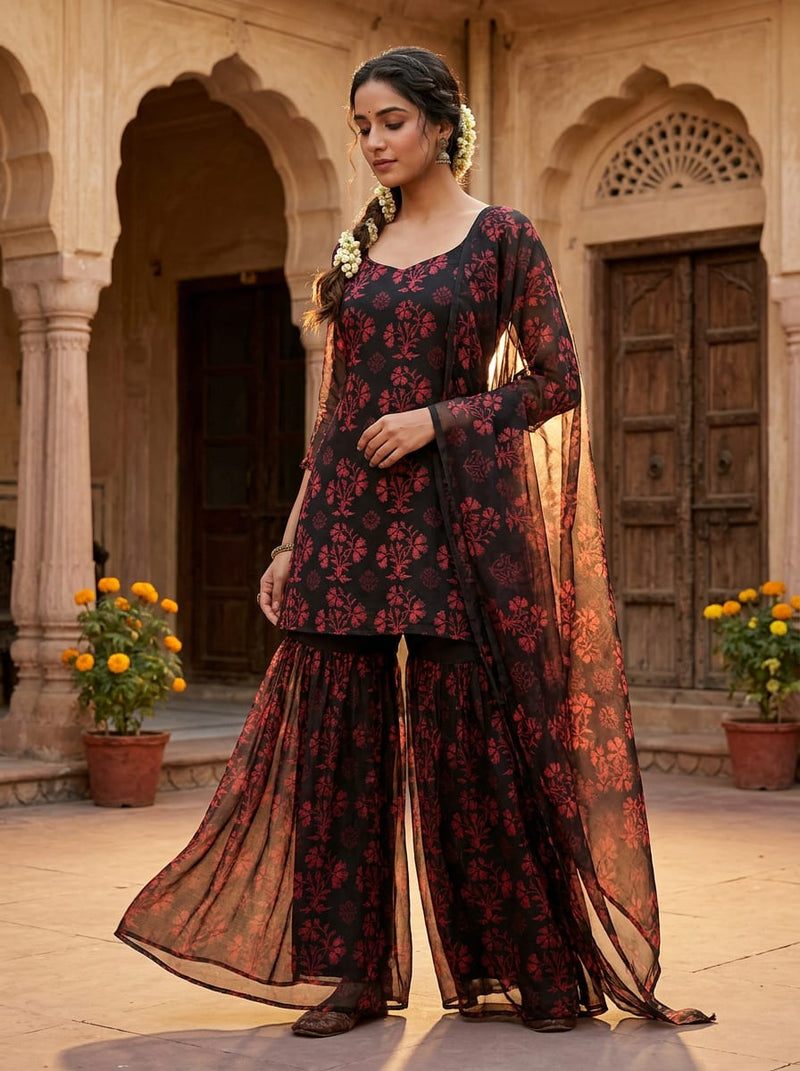 Black Red Ethnic Floral Weightless Digital Printed Fabric