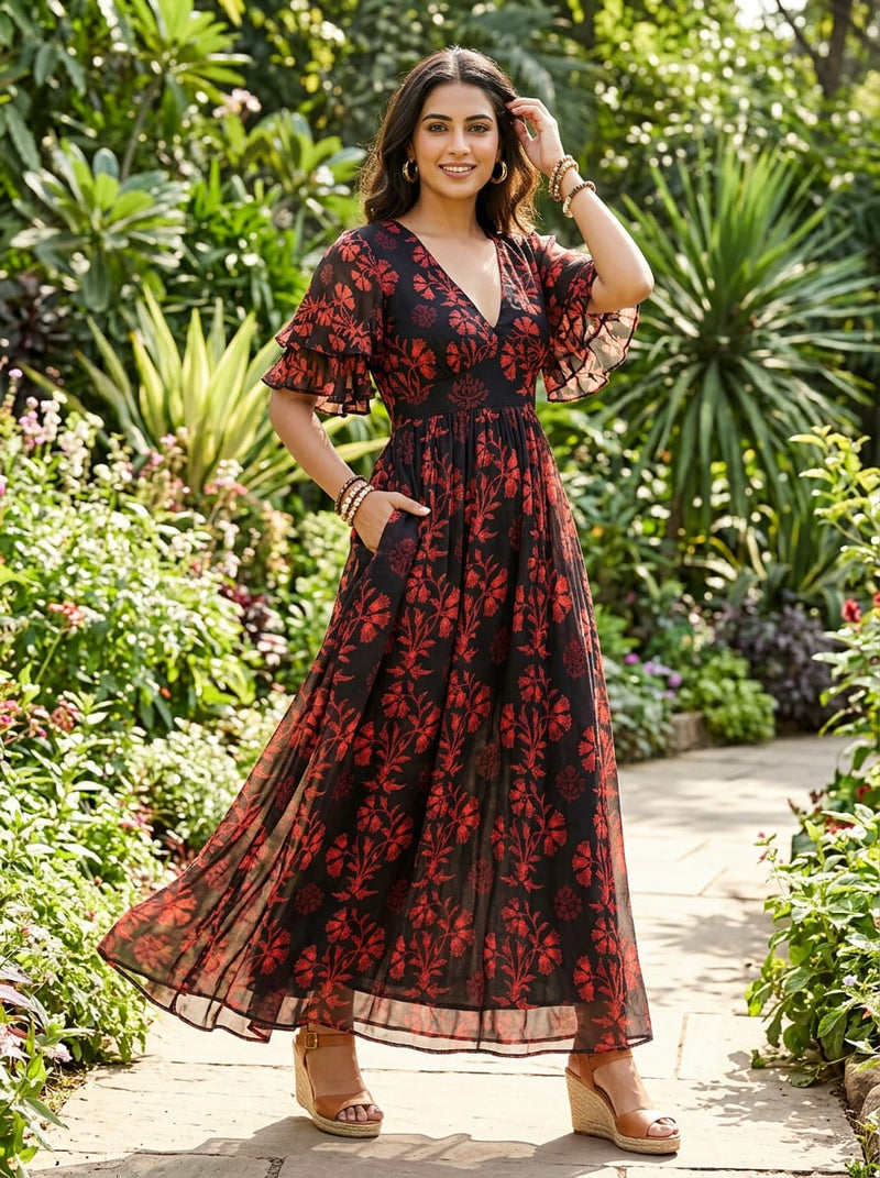 Black Red Ethnic Floral Weightless Digital Printed Fabric