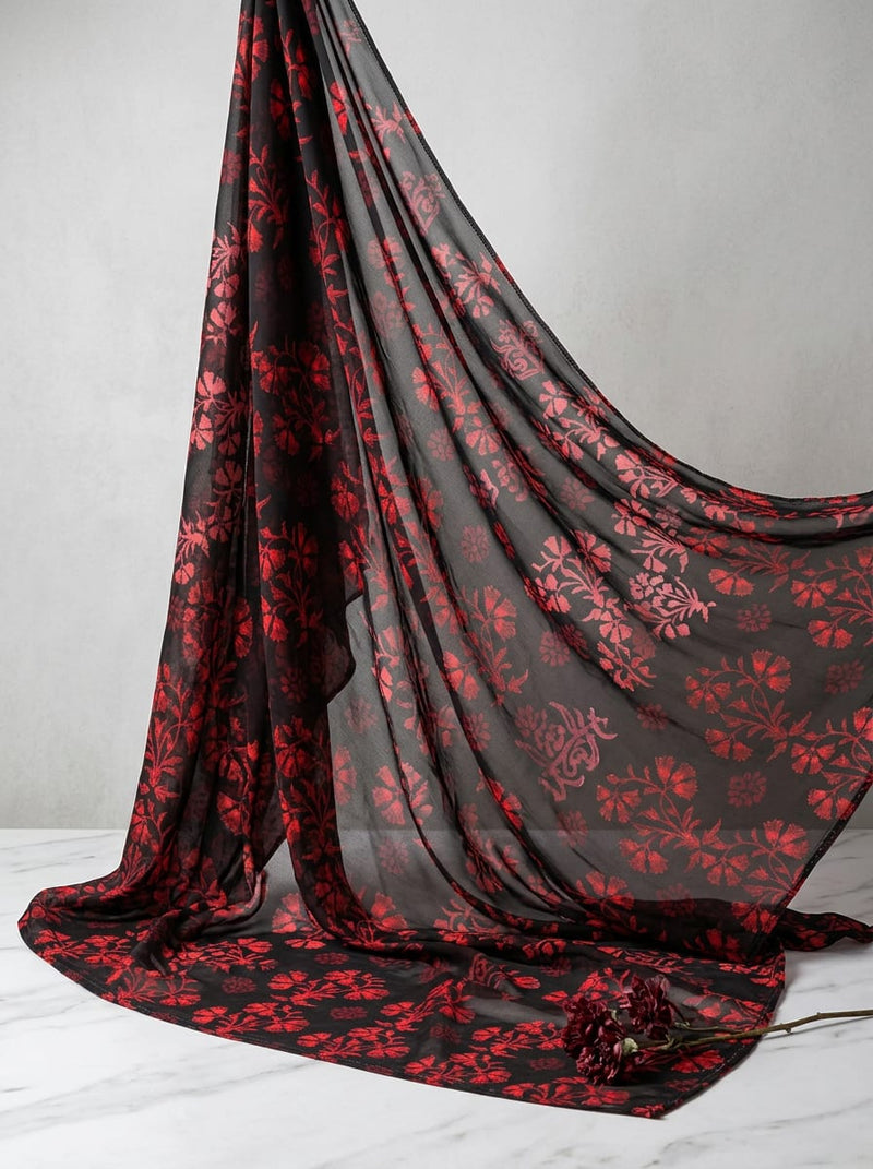 Black Red Ethnic Floral Weightless Digital Printed Fabric
