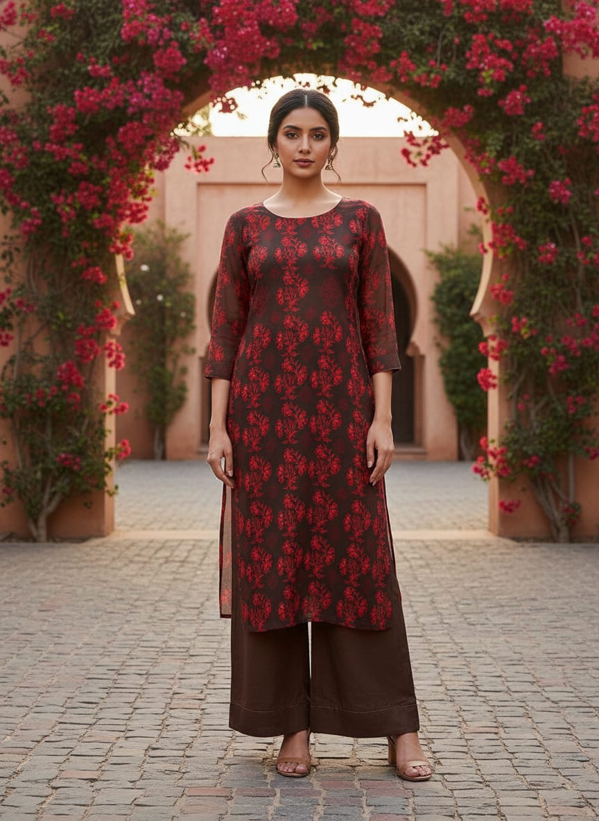 Brown Ethnic Floral Buti Print Pure Muslin Digital Printed Fabric