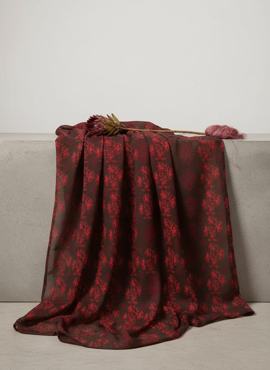 Brown Ethnic Floral Buti Print Pure Muslin Digital Printed Fabric