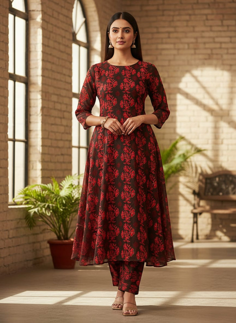 Brown Ethnic Floral Buti Print Pure Muslin Digital Printed Fabric