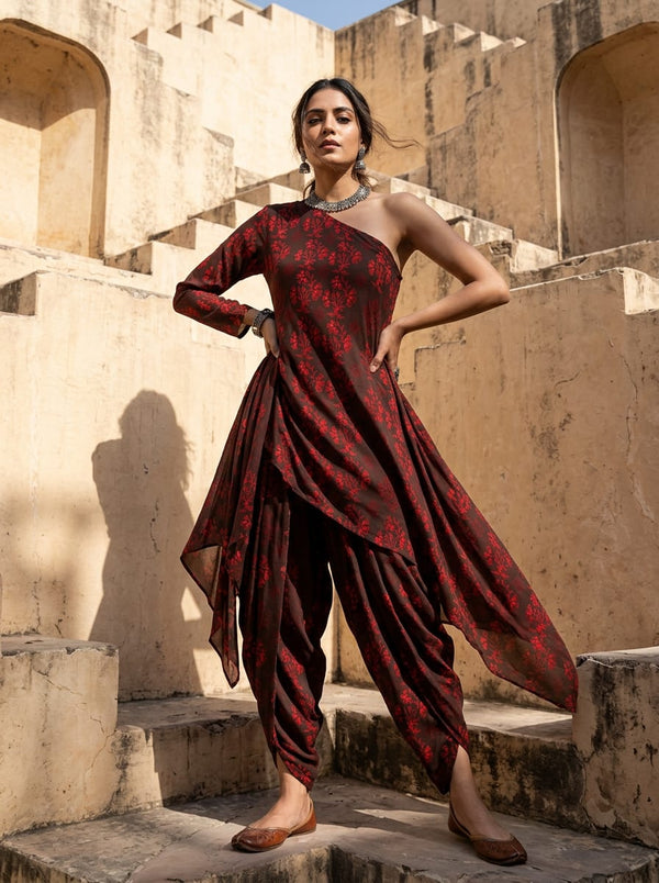 Brown Ethnic Floral Buti Print Pure Muslin Digital Printed Fabric - Asymmetric Tunic with Dhoti Pants Lookbook - PM-1-TA0848-110 - alternate view