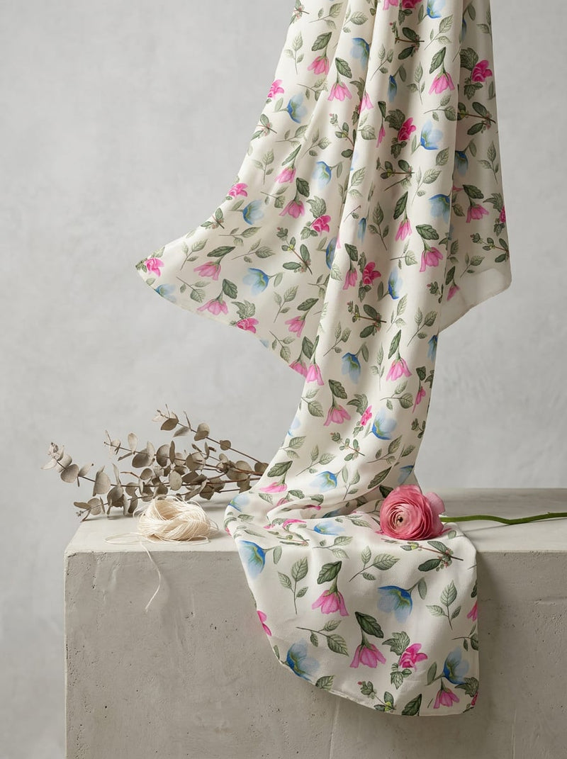 Multicolor Dainty Watercolor Floral Vine Kora Silk Digital Printed Fabric