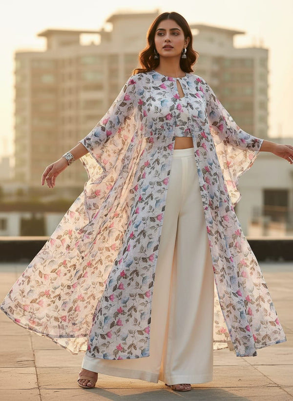 Multicolor Watercolor Floral Botanical Kota Doria Digital Printed Fabric - Cape with Palazzo Lookbook - KD-0-MA0109-110 - alternate view