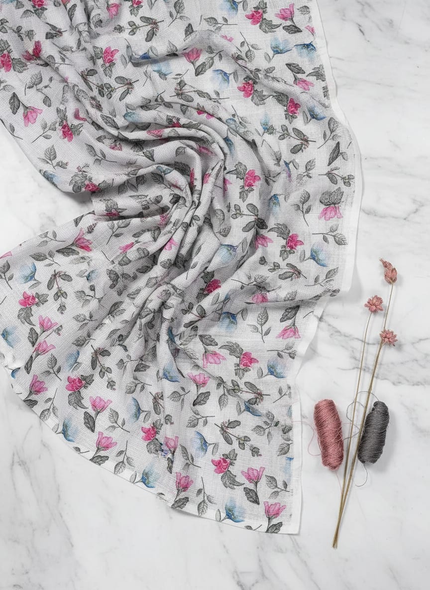 Multicolor Watercolor Floral Botanical Kota Doria Digital Printed Fabric