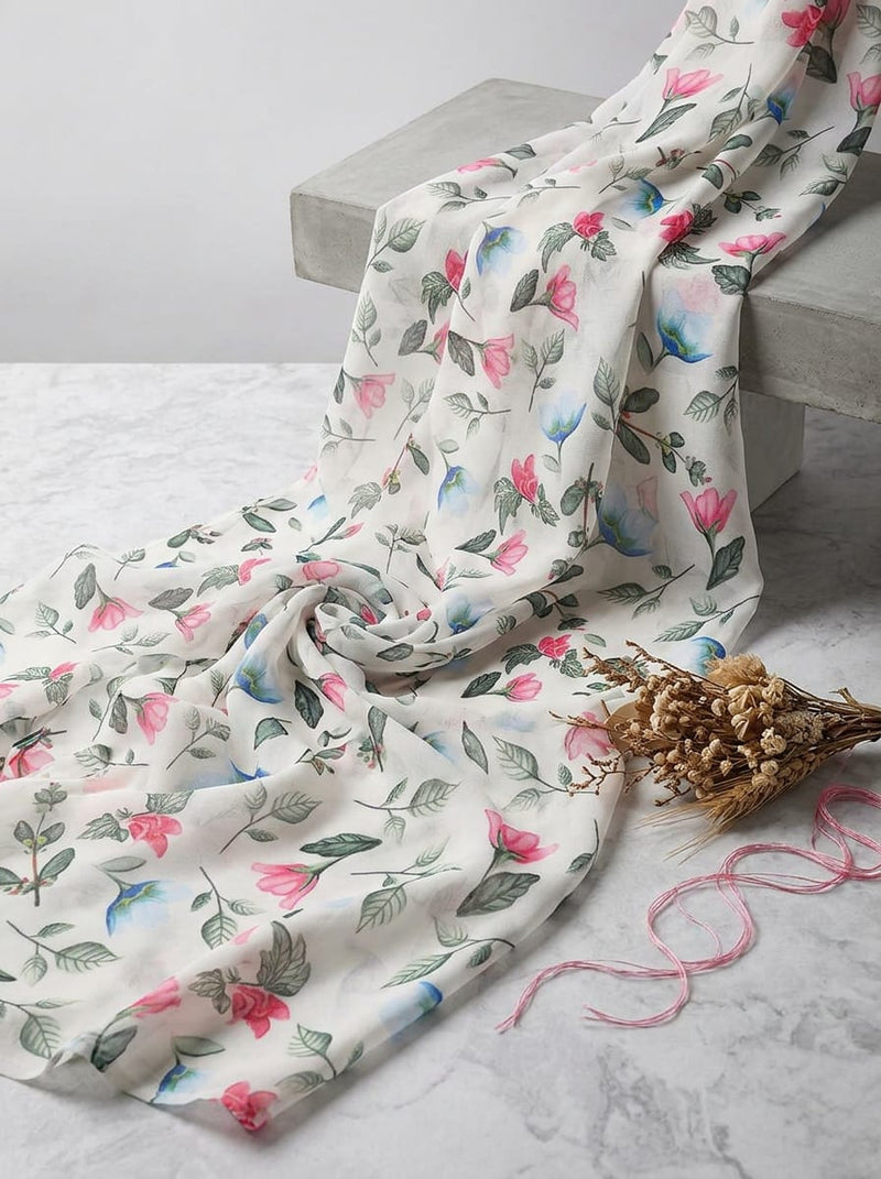 Multicolor Dainty Pink and Blue Floral Weightless Digital Printed Fabric