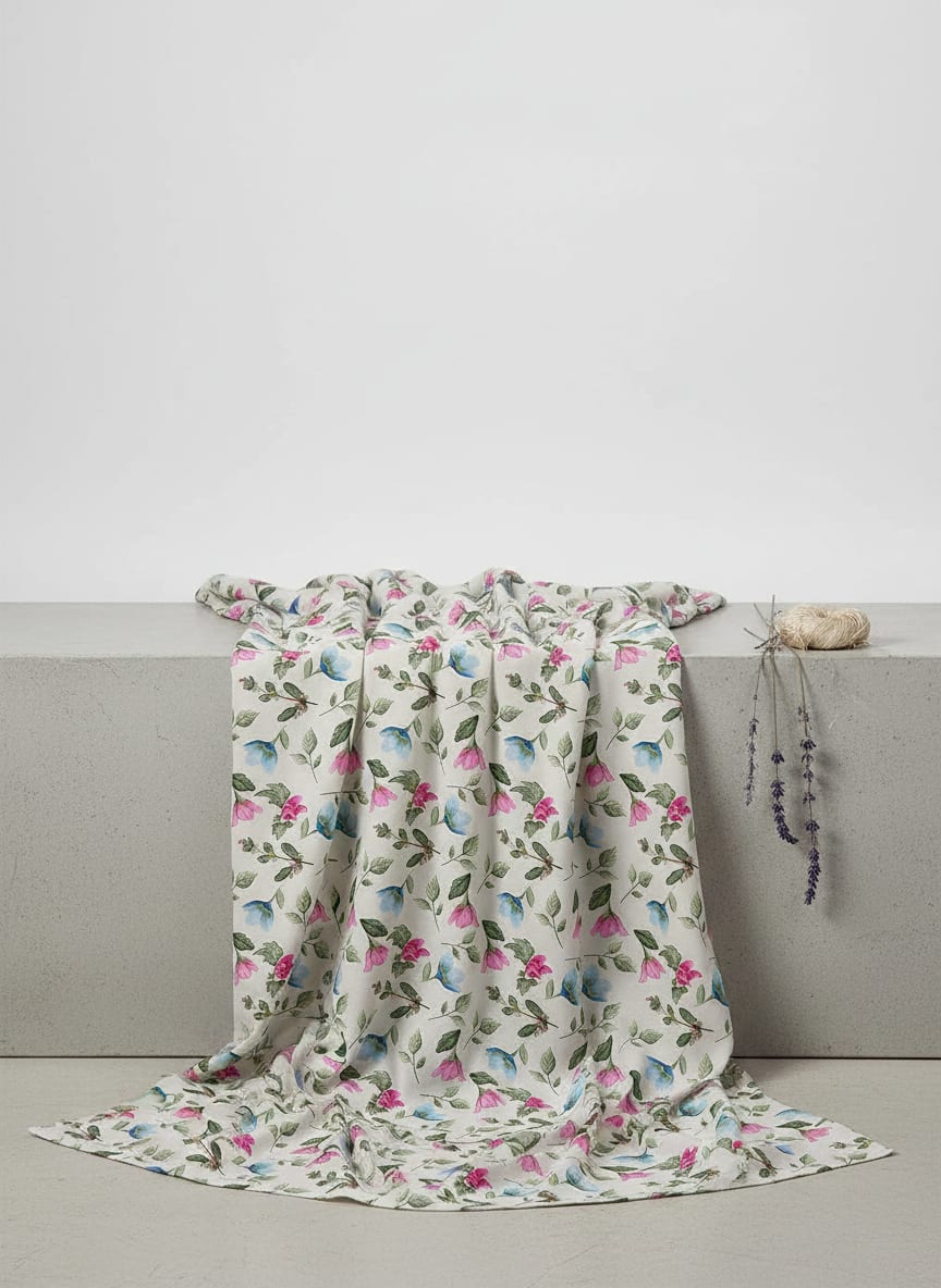 Multicolor Dainty Pink and Blue Floral Pure Cotton Digital Printed Fabric