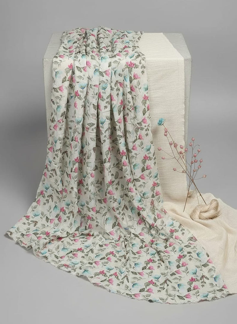 Cream Dainty Watercolour Floral Pure Muslin Digital Printed Fabric
