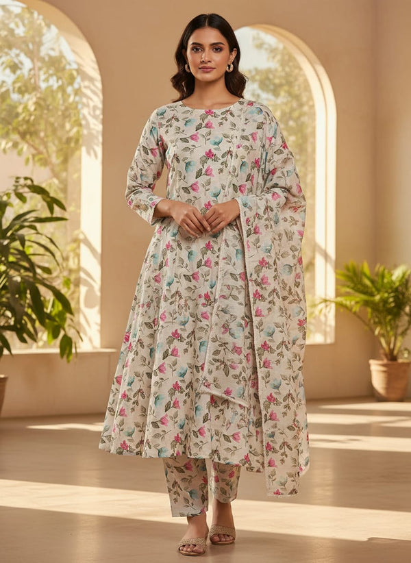 Cream Dainty Watercolour Floral Pure Muslin Digital Printed Fabric - A-Line Kurta with Salwar Lookbook - PM-0-MA0109-110 - alternate view