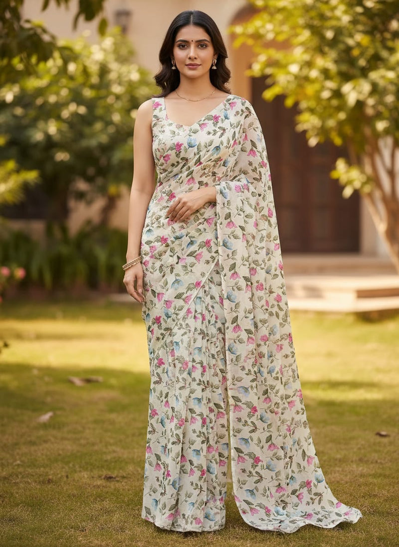 Multicolor Dainty Watercolor Floral Buds Upada Silk Digital Printed Fabric