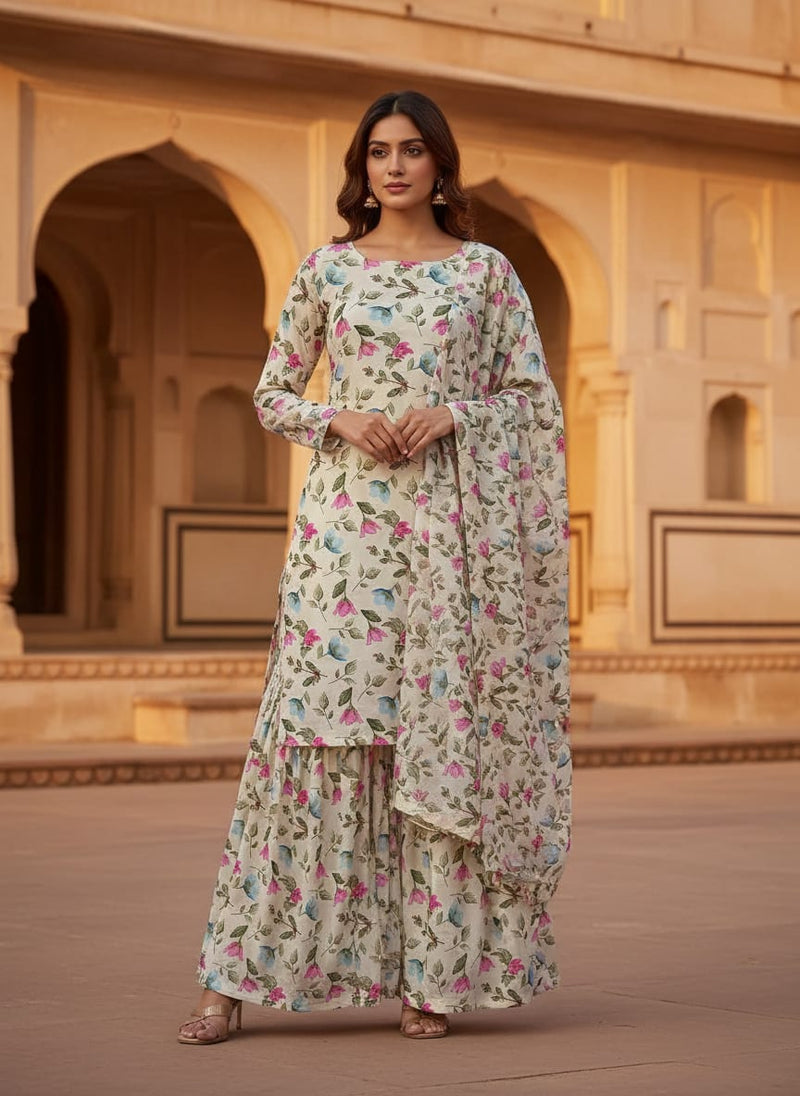 Multicolor Dainty Watercolor Floral Buds Upada Silk Digital Printed Fabric
