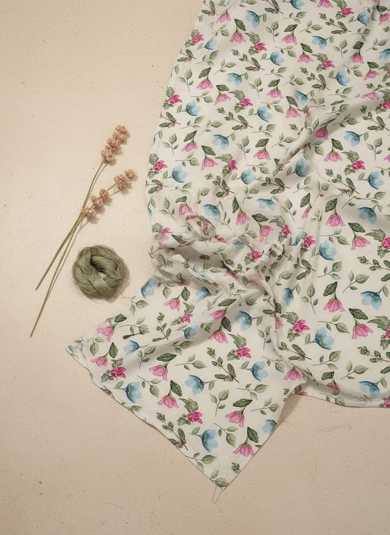 Multicolor Dainty Watercolor Floral Buds Upada Silk Digital Printed Fabric