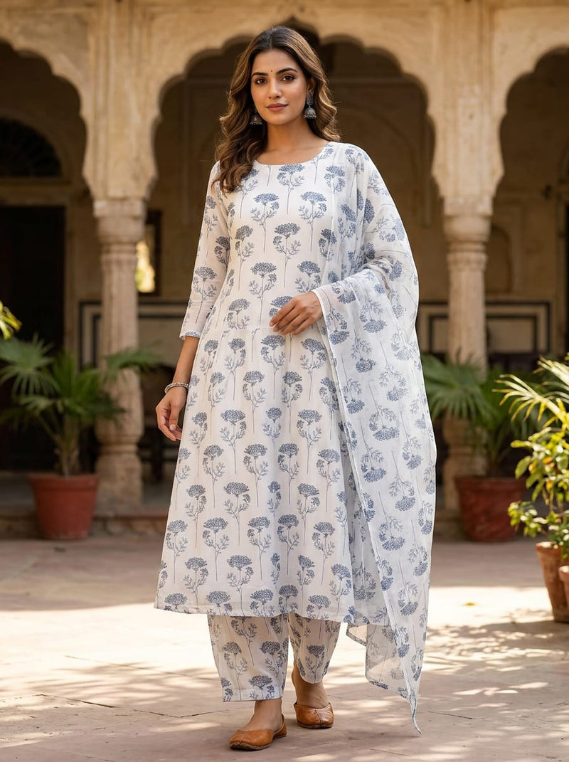 White Dainty Blue Botanical Print Kora Silk Digital Printed Fabric
