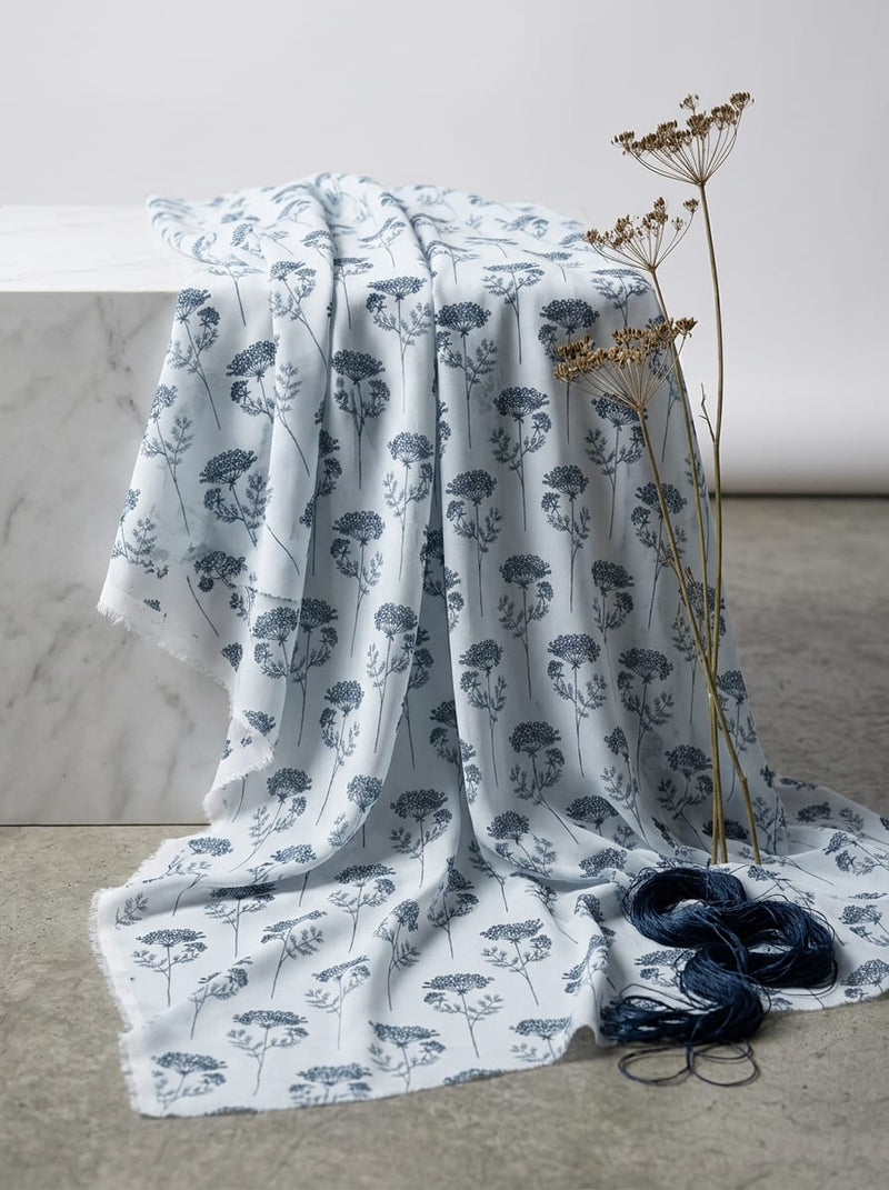 White Dainty Botanical Print Weightless Digital Printed Fabric