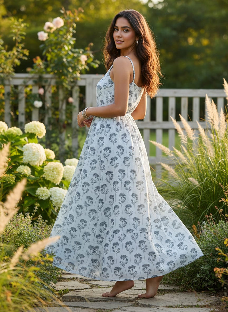 White Dainty Botanical Print Weightless Digital Printed Fabric