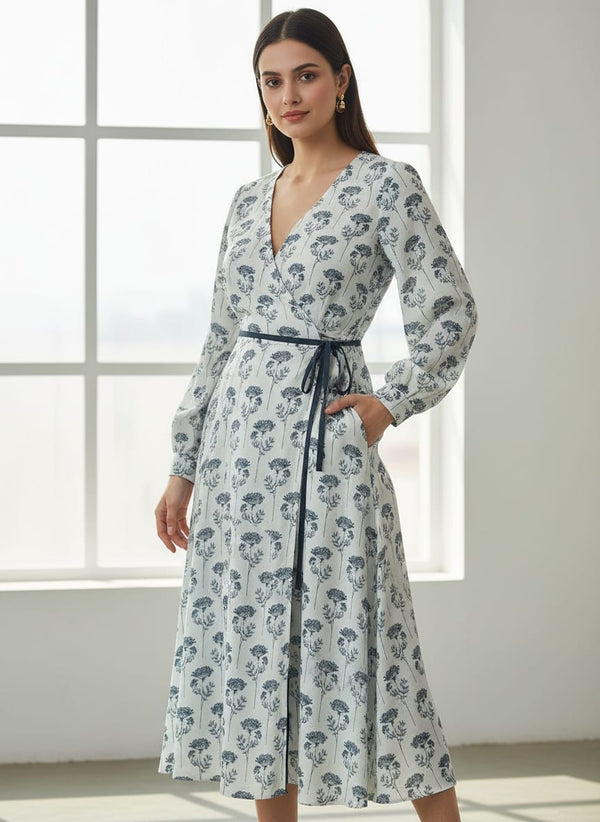 White Dainty Botanical Print Weightless Digital Printed Fabric - Wrap Dress Lookbook - WE-0-MA0126-110 - alternate view