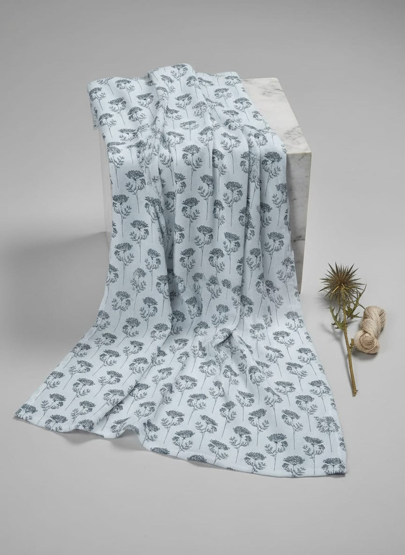 White and Grey Botanical Dill Flower Muslin Digital Printed Fabric