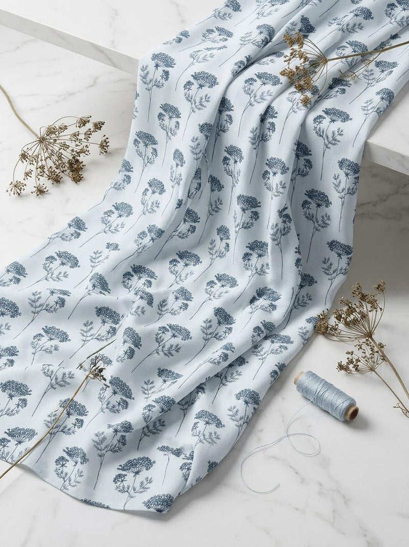 White Dill Flower Botanical Print Silk Crepe Digital Printed Fabric