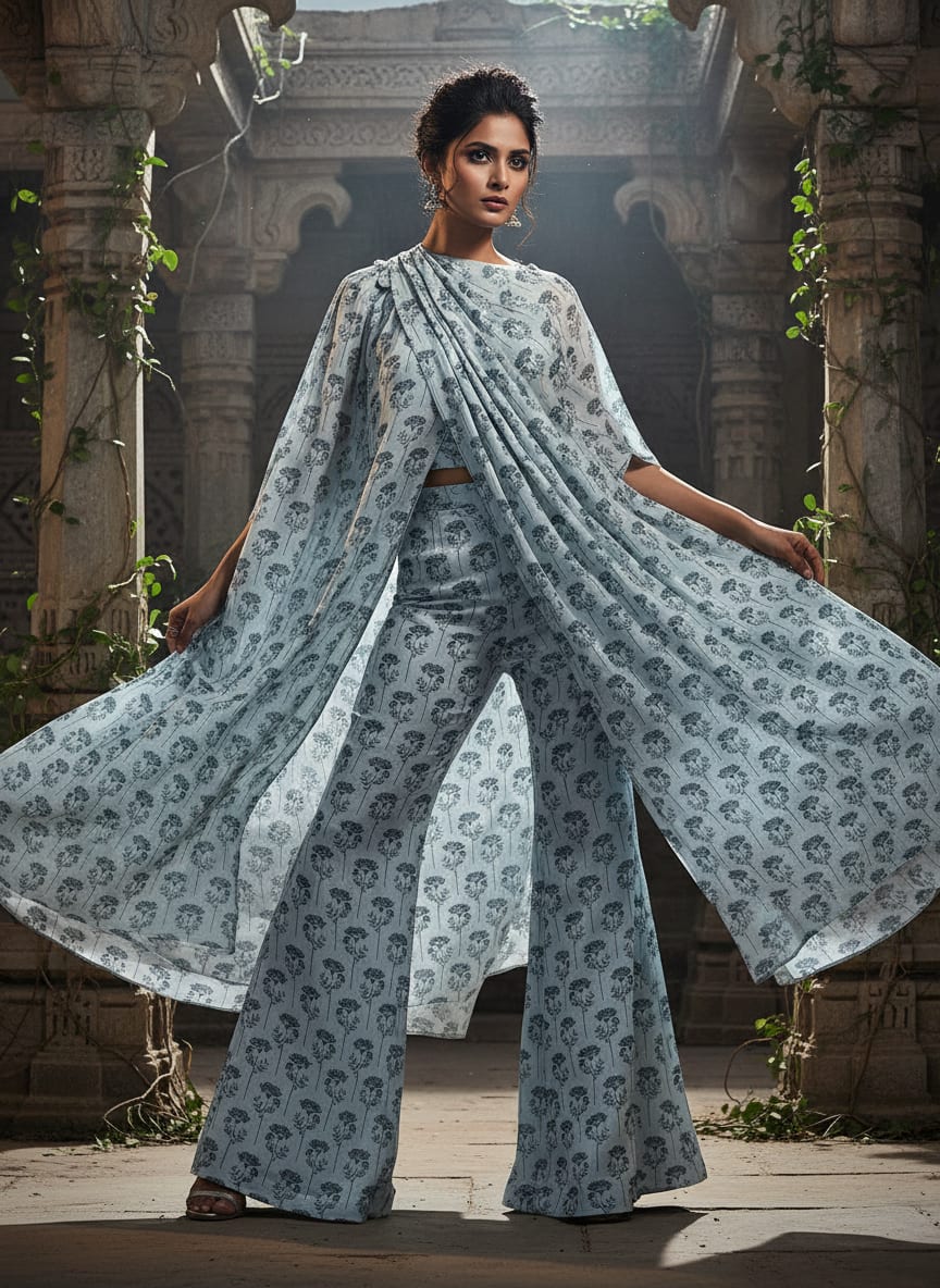 Winter Icy Flower Digital Printed Fabric  - Upada Silk