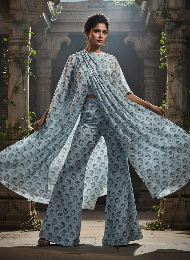 Winter Icy Flower Digital Printed Fabric  - Upada Silk