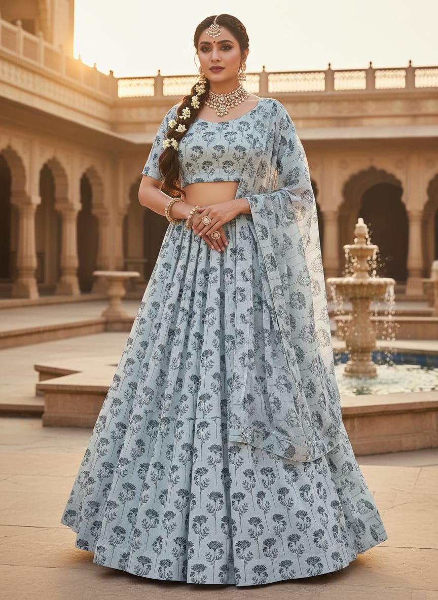Winter Icy Flower Digital Printed Fabric  - Upada Silk