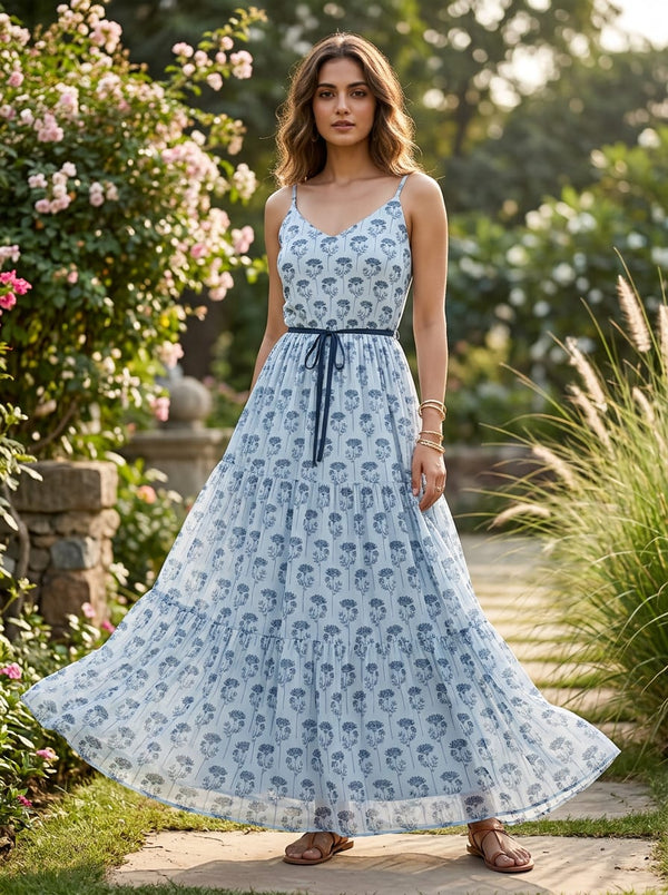White Queen Anne's Lace Botanical Pure Georgette Digital Printed Fabric - Flowy Maxi Dress Lookbook - PG-0-MA0126-110 - alternate view