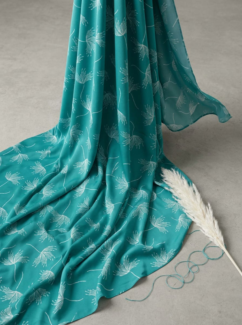 Teal Floating Dandelion Seed Print Japan Satin Digital Printed Fabric
