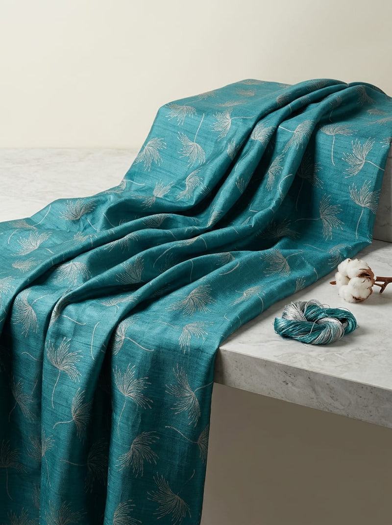 Teal Dandelion Seed Print Tusser Silk Digital Printed Fabric