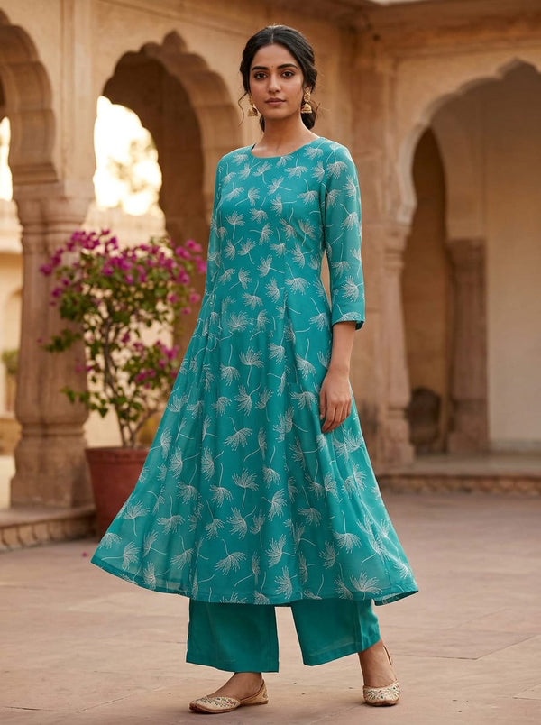 Teal Floating Dandelion Seeds Kora Silk Digital Printed Fabric - A-Line Kurta with Salwar Lookbook - KS-0-MA0139-110 - alternate view