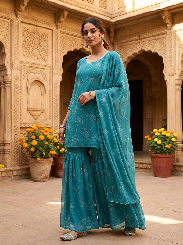 Teal Botanical Dandelion Seed Print Weightless Digital Printed Fabric - Sharara Set Lookbook - WE-0-MA0139-110 - alternate view