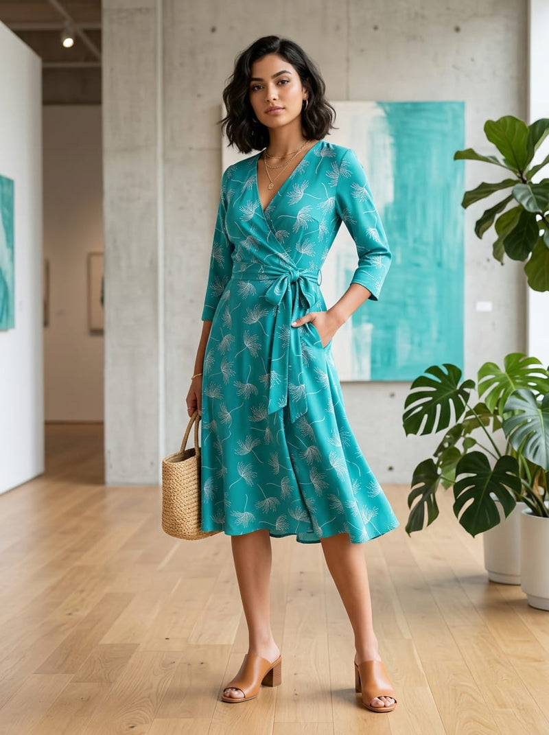Teal Wispy Dandelion Botanical Silk Crepe Digital Printed Fabric