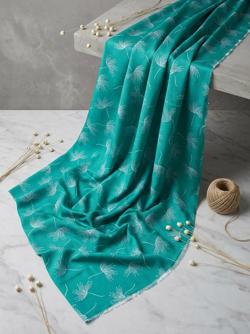 Teal Wispy Dandelion Botanical Silk Crepe Digital Printed Fabric