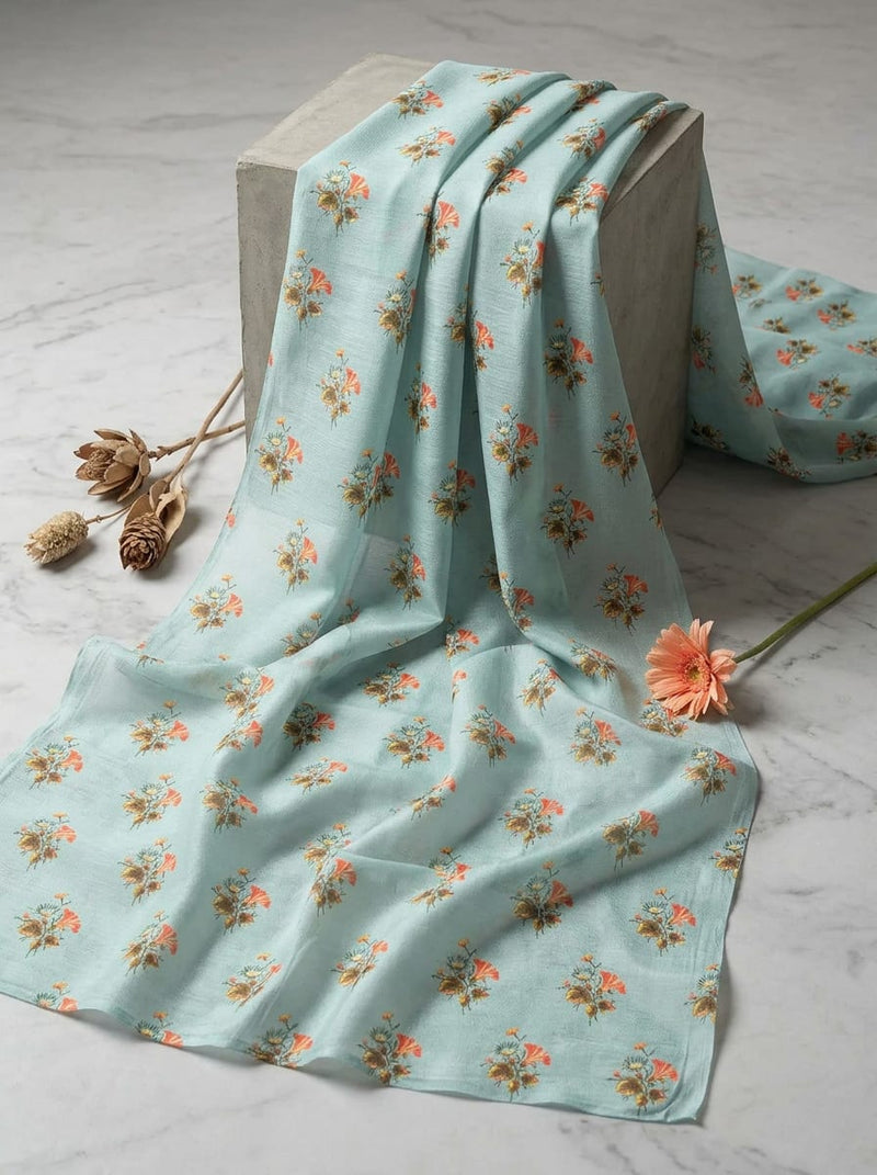 Blue Vintage Floral Bouquet Kora Silk Digital Printed Fabric