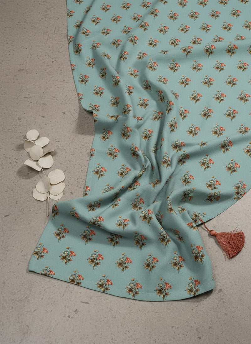 Blue Small Vintage Floral Bouquet Weightless Digital Printed Fabric