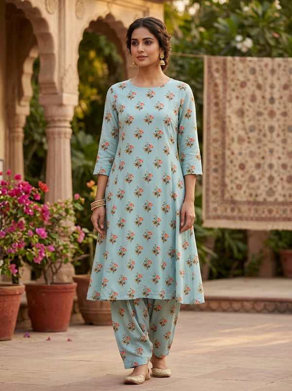 Blue Vintage Floral Bouquet Muslin Digital Printed Fabric - A-Line Kurta with Salwar Lookbook - MU-0-MA0156-110 - alternate view