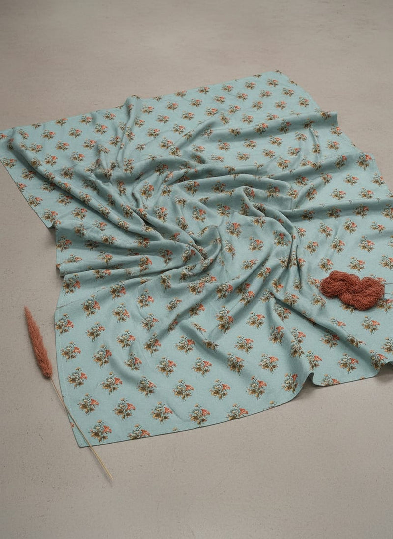 Blue Small Vintage Floral Bouquet Upada Silk Digital Printed Fabric