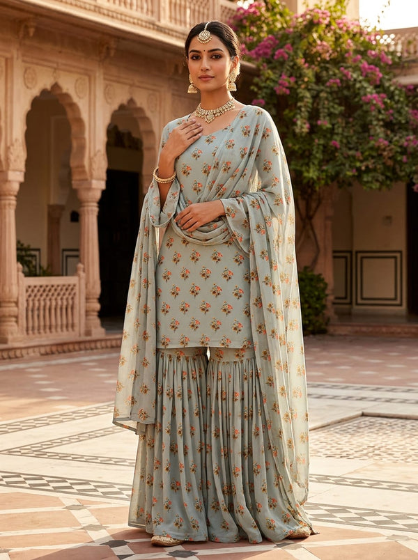 Blue Vintage Floral Bouquet Pure Georgette Digital Printed Fabric - Gharara Set Lookbook - PG-0-MA0156-110 - alternate view