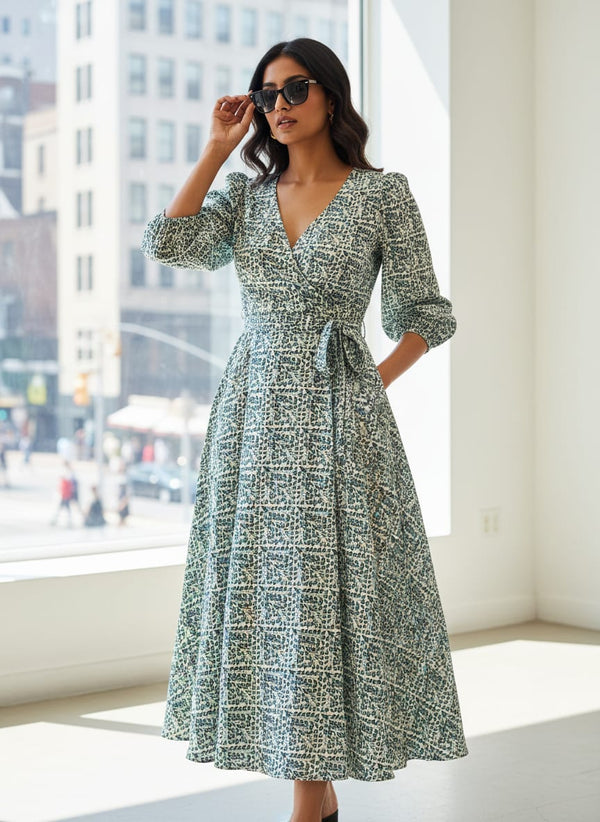 Blue Botanical Leaf Grid Pattern Tusser Silk Digital Printed Fabric - Wrap Dress Lookbook - TS-0-MA01986-110 - alternate view