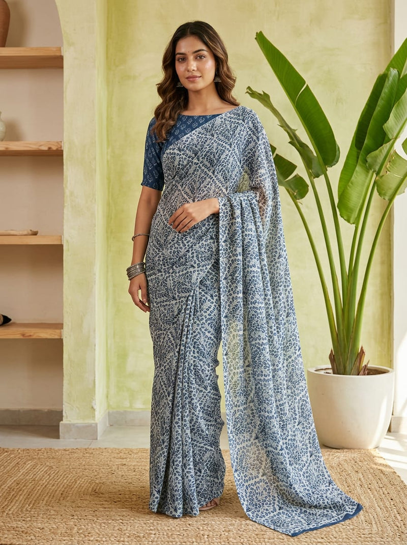 Navy Botanical Leaf Vine Pattern Pure Georgette Digital Printed Fabric