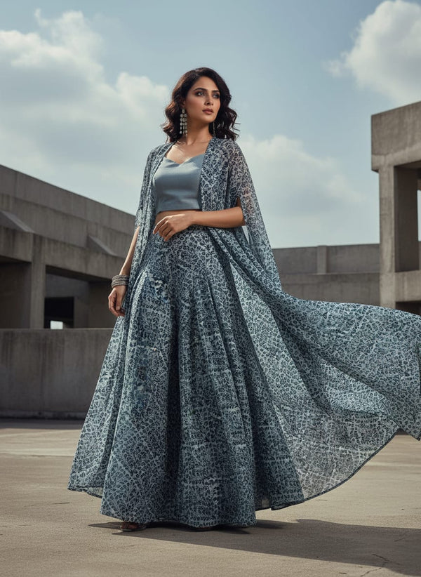 Morpich Block Digital Printed Fabric  - Pure Georgette - Cape with Palazzo Lookbook - PG-0-MA01986-110 - alternate view