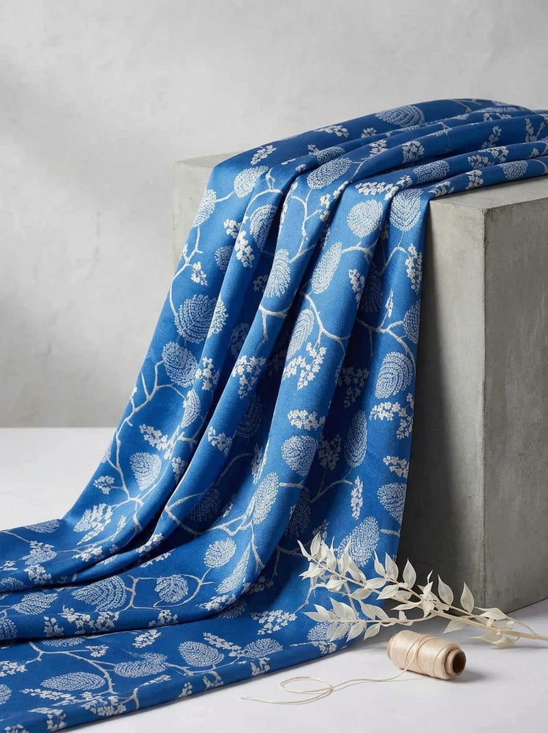 Blue Botanical Leaf and Flower Trail Japan Satin Digital Printed Fabric