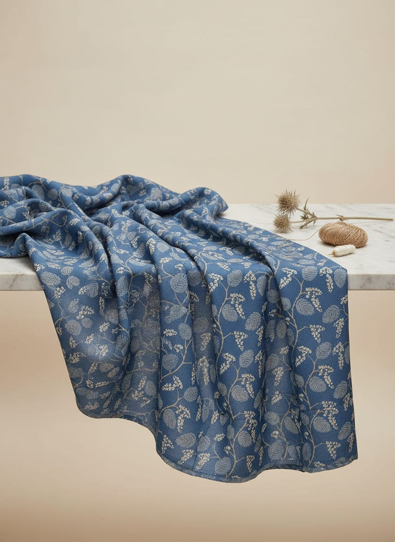 White Jasud Flower With Stalk Digital Printed Fabric - Kora Silk